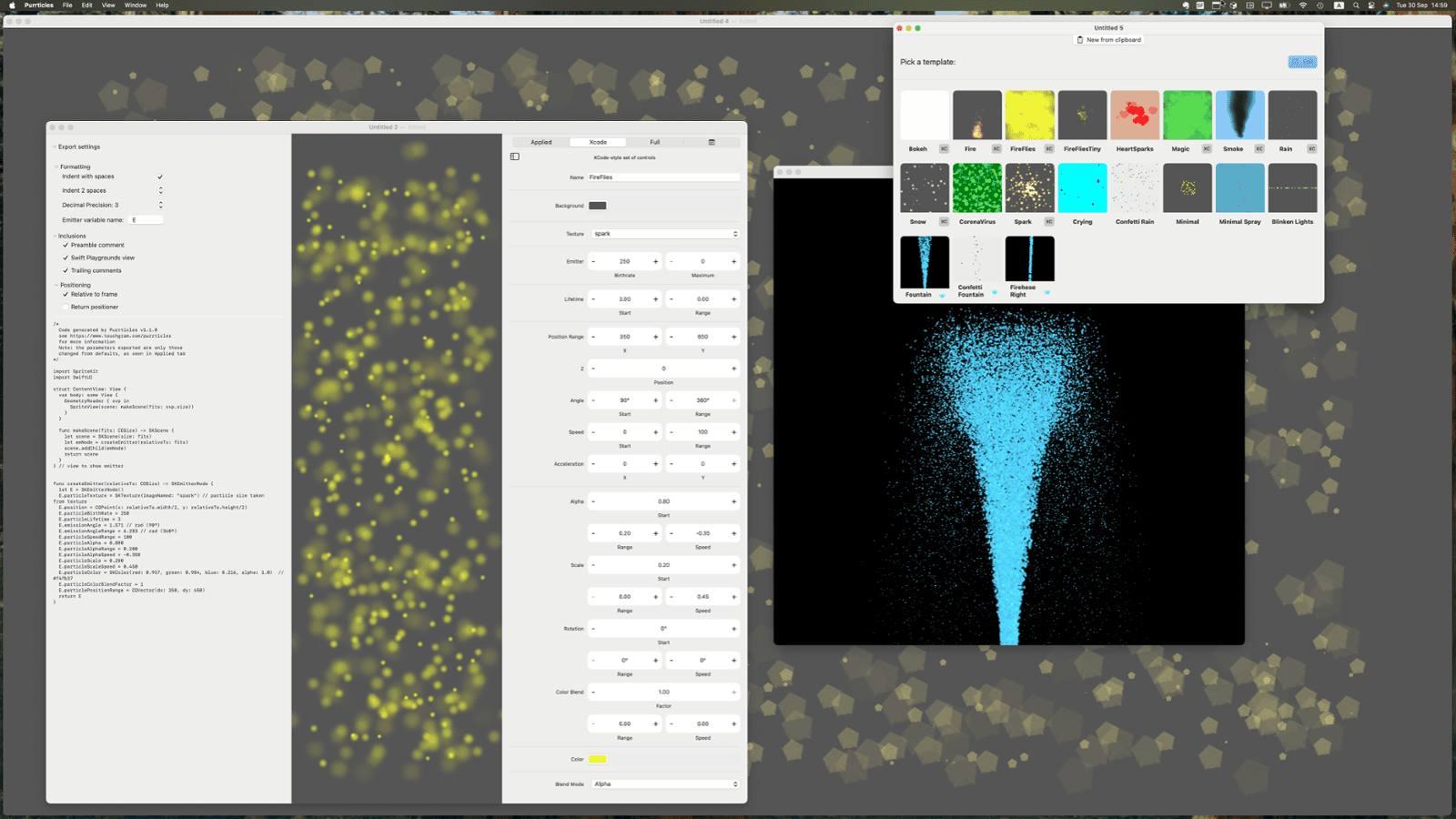 Mac screenshot of Purrticles editor showing several documents playing expanded views of particle effects or  editing them.